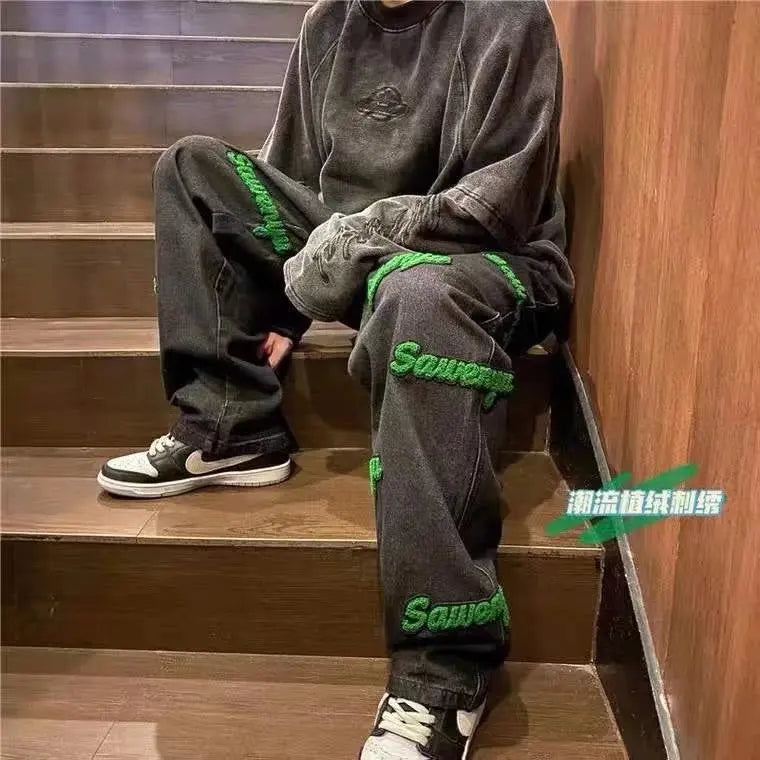 Men's Oversized Baggy Denim Jeans – Embroidered Loose Streetwear