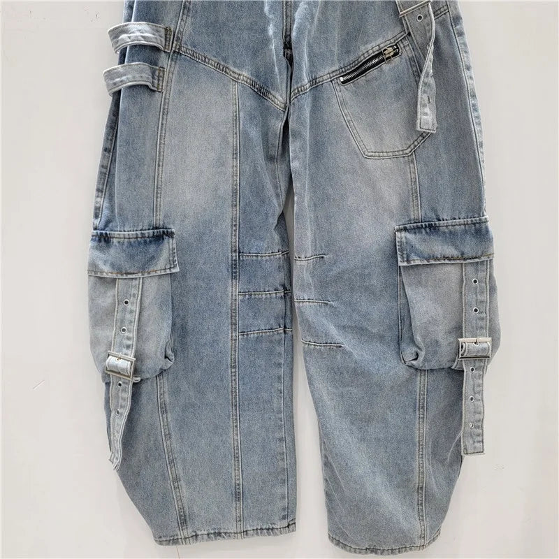 Baggy Distressed Wide Leg Cargo Jeans for Women — Ripped Straight Washed Denim | FireDrips