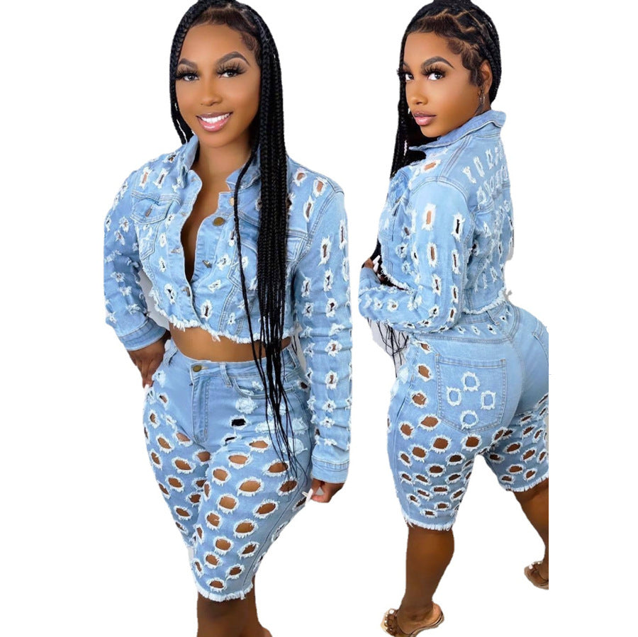 Women's Denim Two-Piece Set – Ripped Jean Jacket & Shorts Outfit