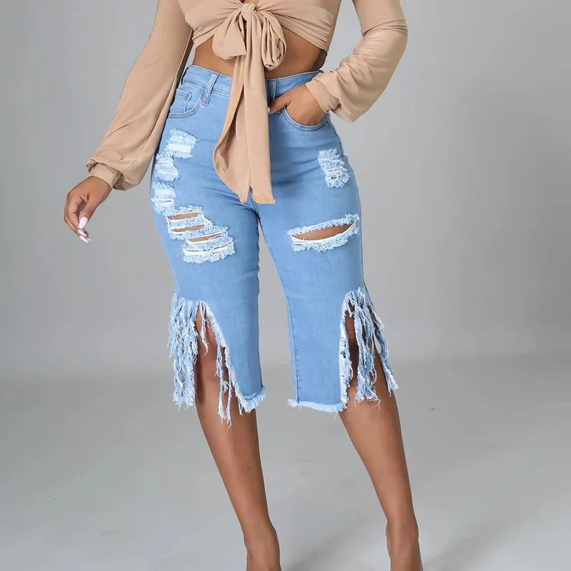 Hollow Out Skinny High Waist Ripped Short Jeans for Women — Distressed Plus Size Denim | FireDrips