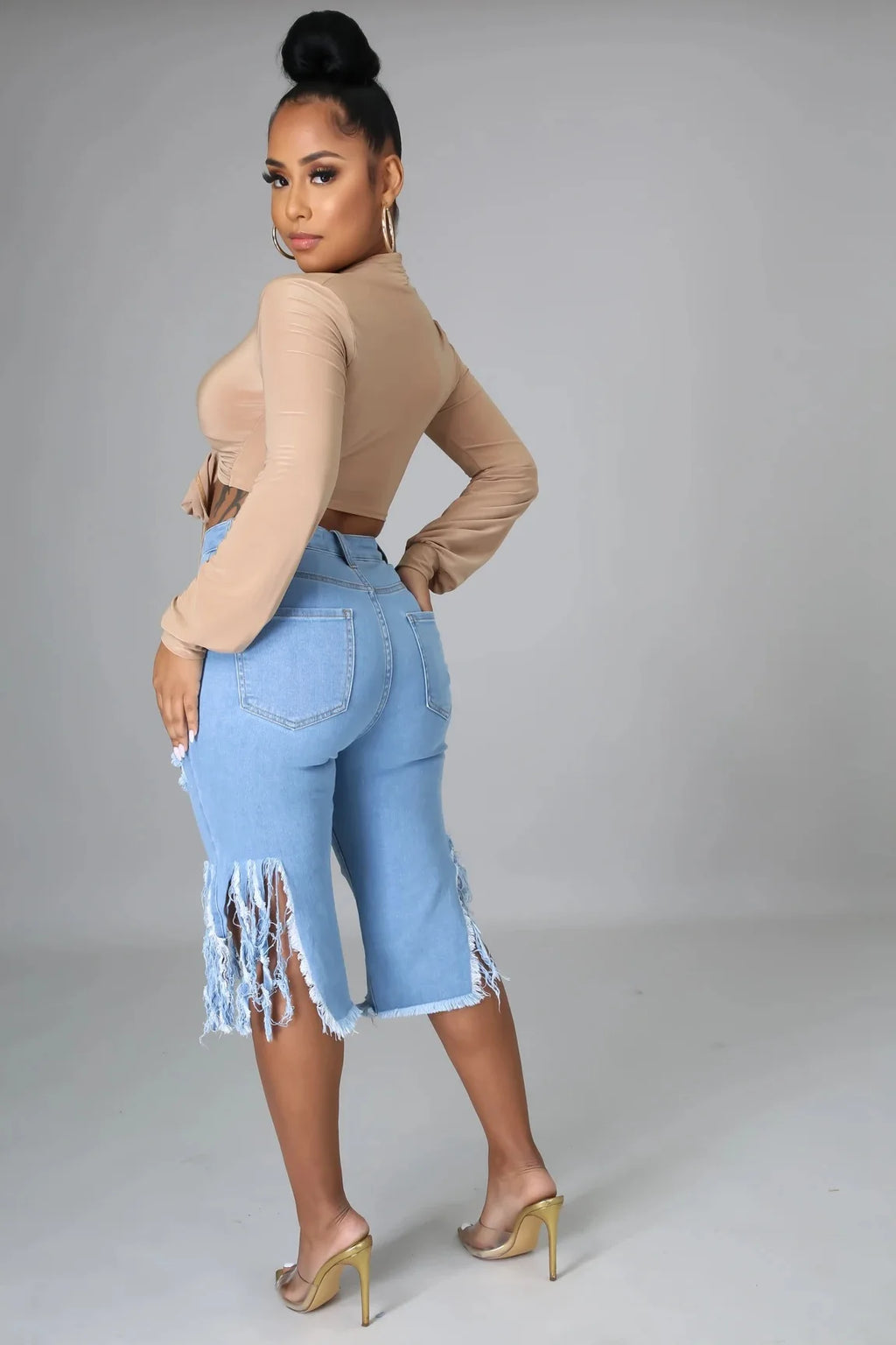 Hollow Out Skinny High Waist Ripped Short Jeans for Women — Distressed Plus Size Denim | FireDrips