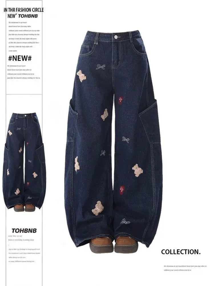 Retro Bear Wide Leg Jeans — Women's Loose Streetwear Denim | FireDrips