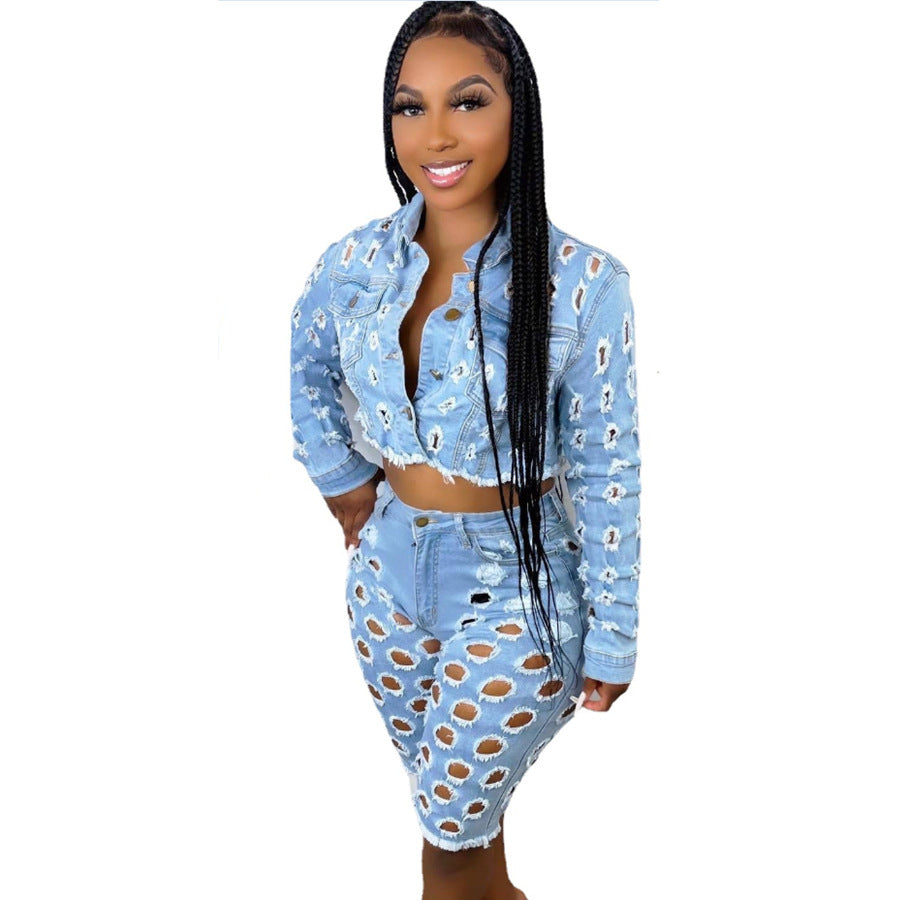 Women's Denim Two-Piece Set – Ripped Jean Jacket & Shorts Outfit