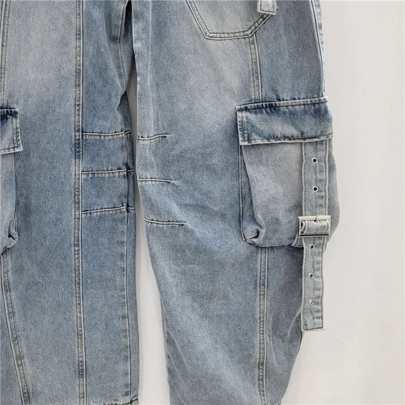Baggy Distressed Wide Leg Cargo Jeans for Women — Ripped Straight Washed Denim | FireDrips