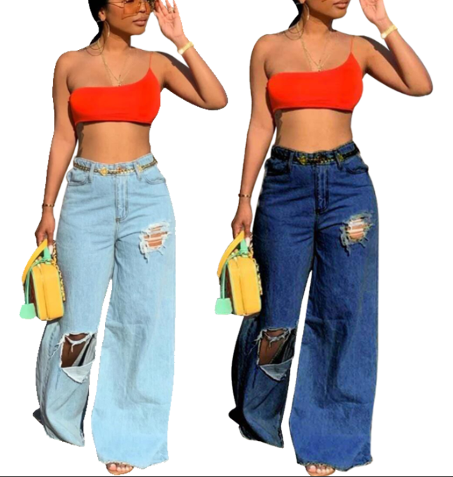Ripped Wide Leg Boyfriend Jeans for Women — Distressed Denim, Dark & Light Blue | FireDrips