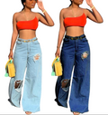 Ripped Wide Leg Boyfriend Jeans for Women — Distressed Denim, Dark & Light Blue | FireDrips