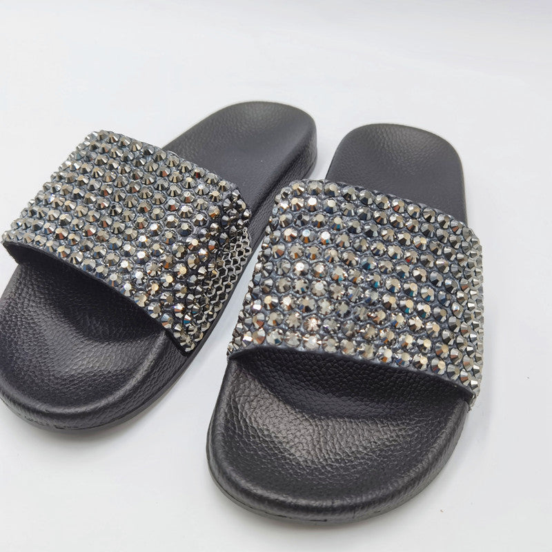 Diamond Strap Flat Slide Sandals – Beach Rhinestone Slides