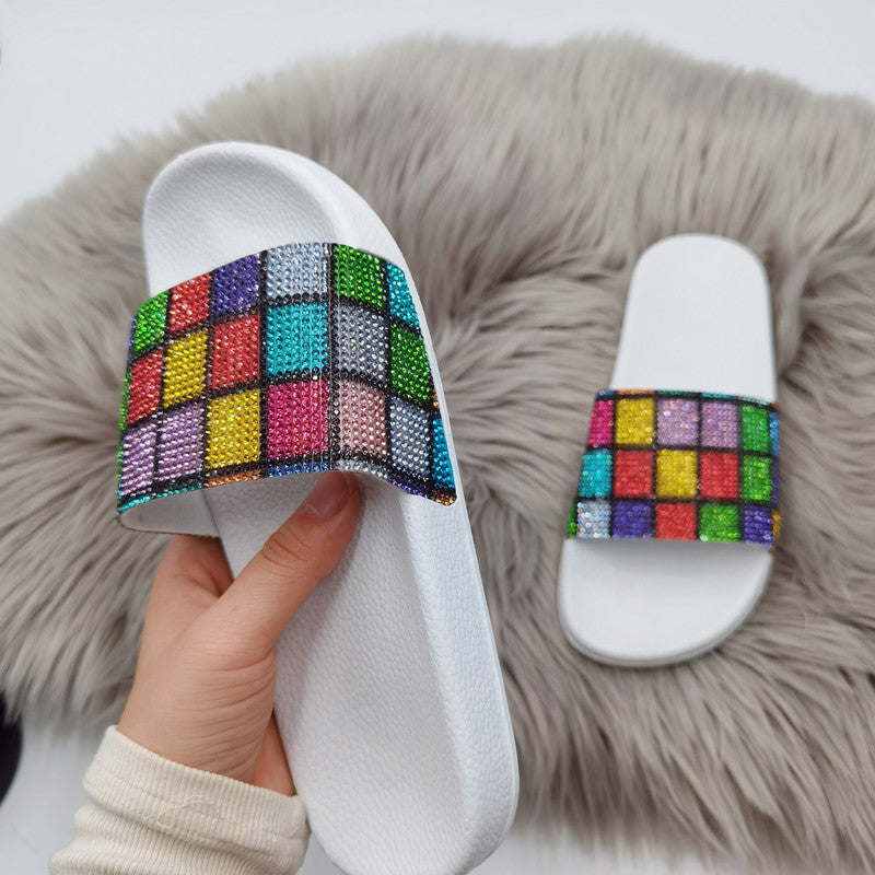 Diamond Strap Flat Slide Sandals – Beach Rhinestone Slides