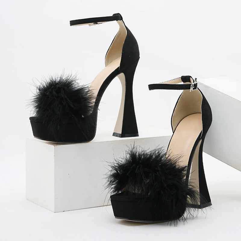 Feather Platform High Heel Sandals – Peep Toe Buckle Strap Wedding Shoes