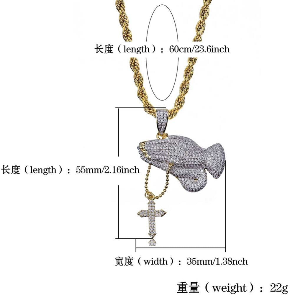 Praying Hands Cross Pendant Necklace — Iced Out CZ Hip-Hop Jewelry Gold Silver