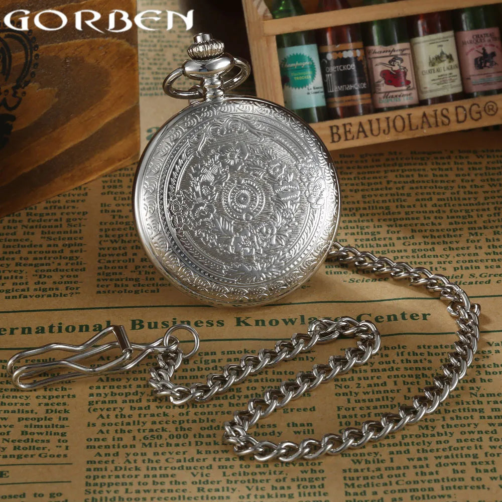 GORBEN Steampunk Pocket Watch — Silver Analog Quartz Fob Watch with Chain | FireDrips