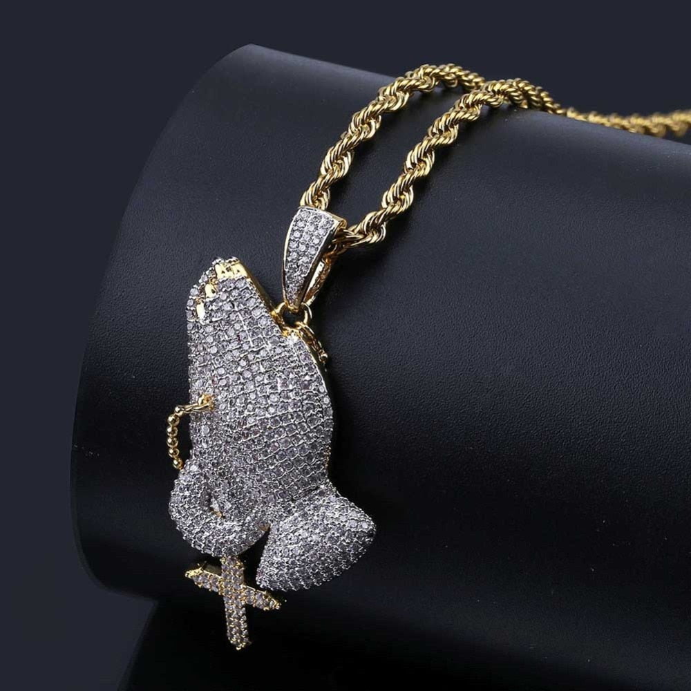 Praying Hands Cross Pendant Necklace — Iced Out CZ Faith Jewelry, Gold & Silver, Rope Cuban & Franco Chain