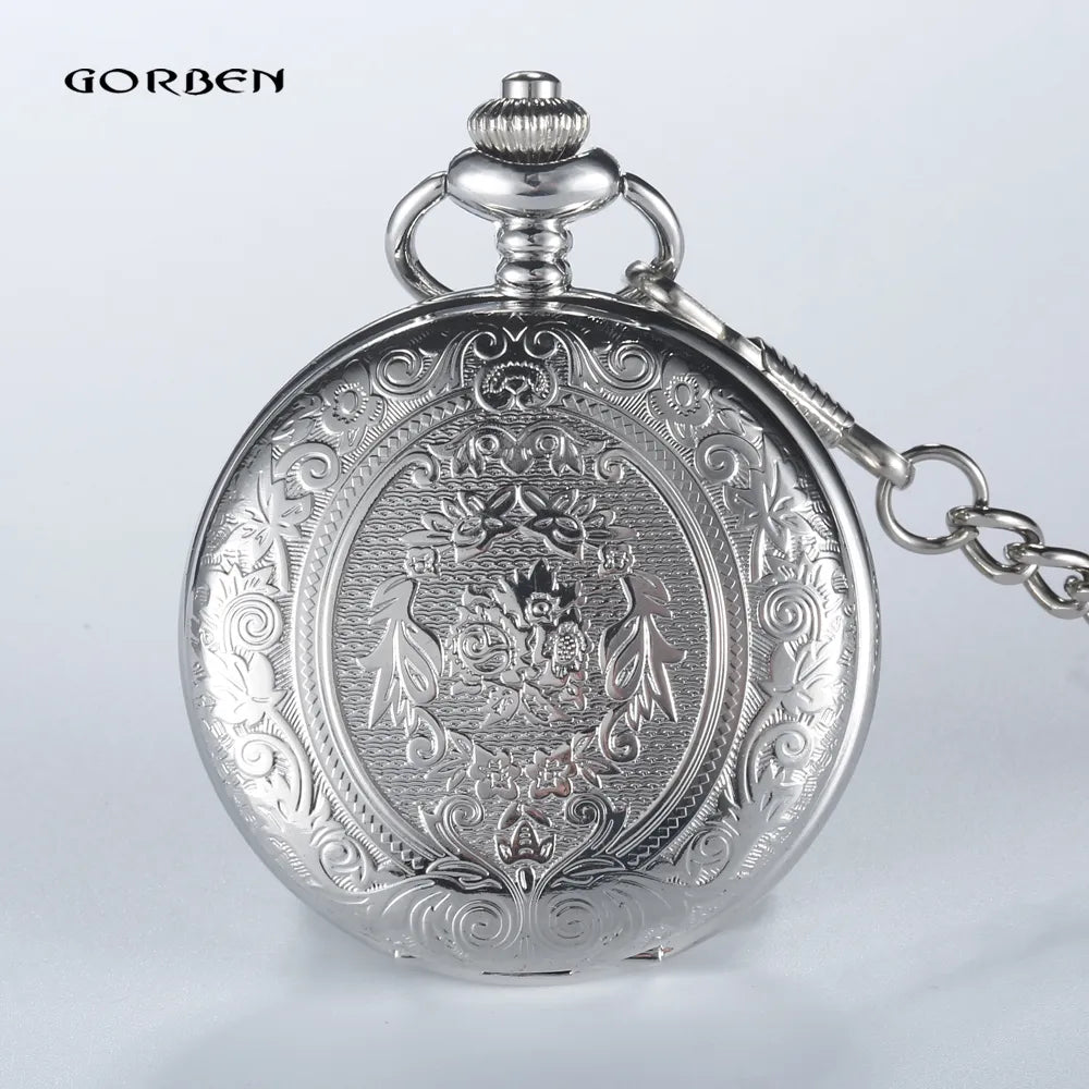GORBEN Steampunk Pocket Watch — Silver Analog Quartz Fob Watch with Chain | FireDrips
