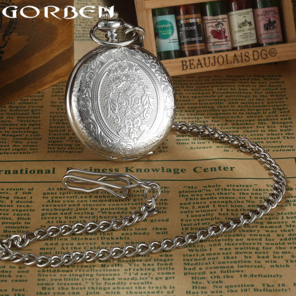 GORBEN Steampunk Pocket Watch — Silver Analog Quartz Fob Watch with Chain | FireDrips