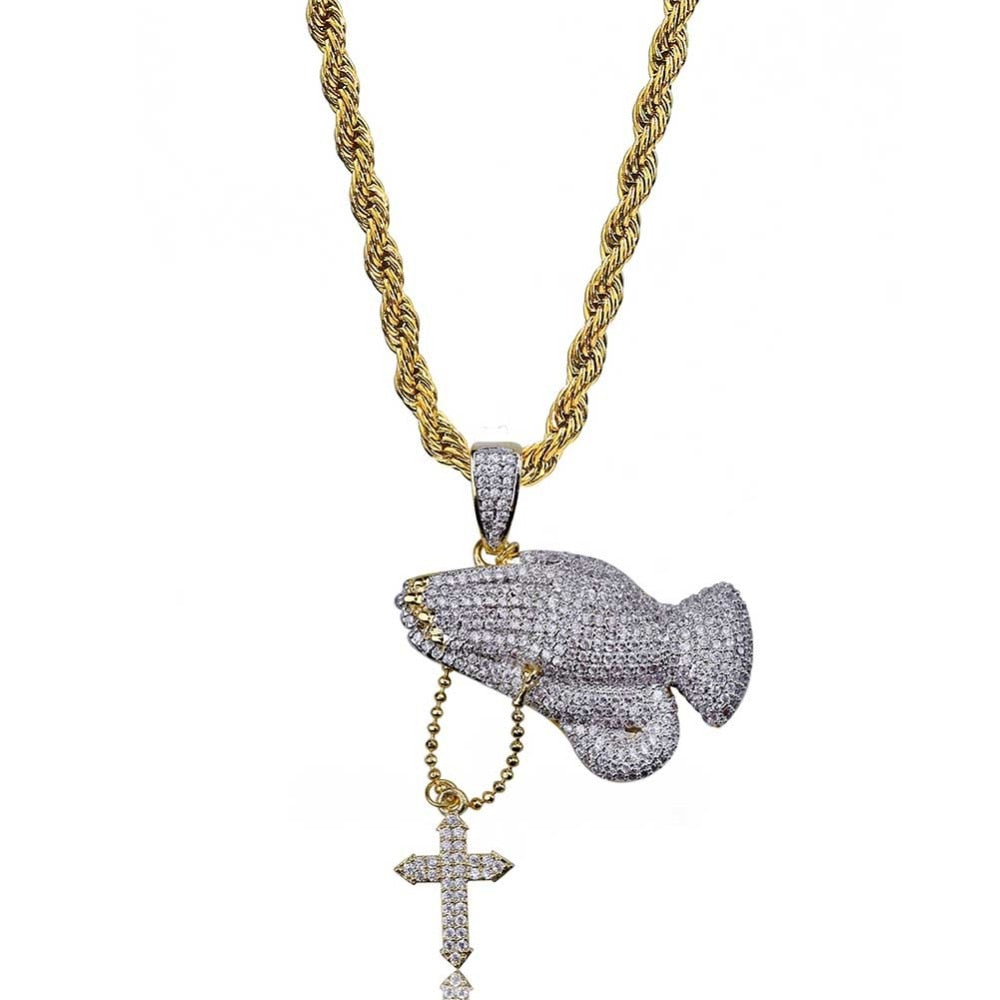 Praying Hands Cross Pendant Necklace — Iced Out CZ Faith Jewelry, Gold & Silver, Rope Cuban & Franco Chain