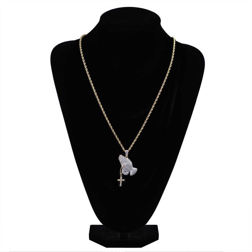 Praying Hands Cross Pendant Necklace — Iced Out CZ Hip-Hop Jewelry Gold Silver
