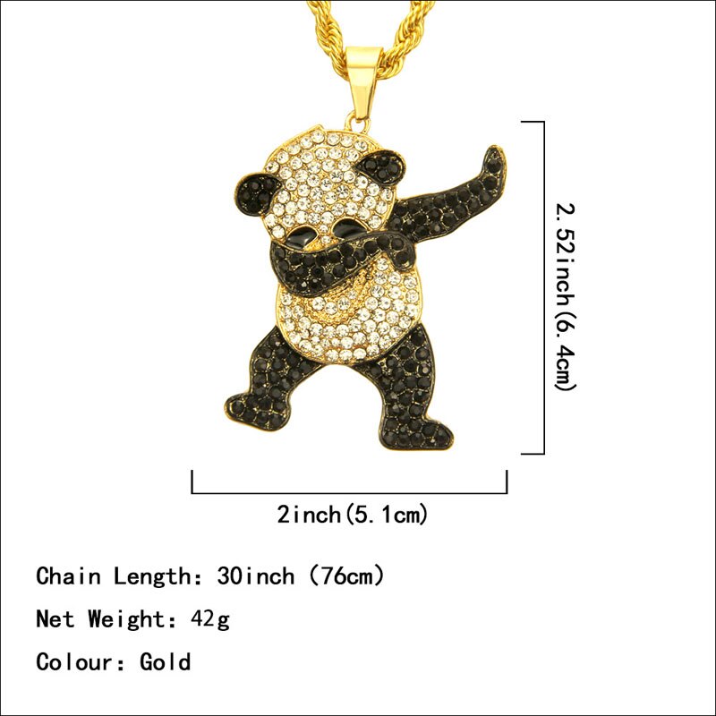 Iced Out Panda Pendant Necklace — Rhinestone Dancing Panda Unisex Street Jewelry, Gold & Silver, 30" Chain
