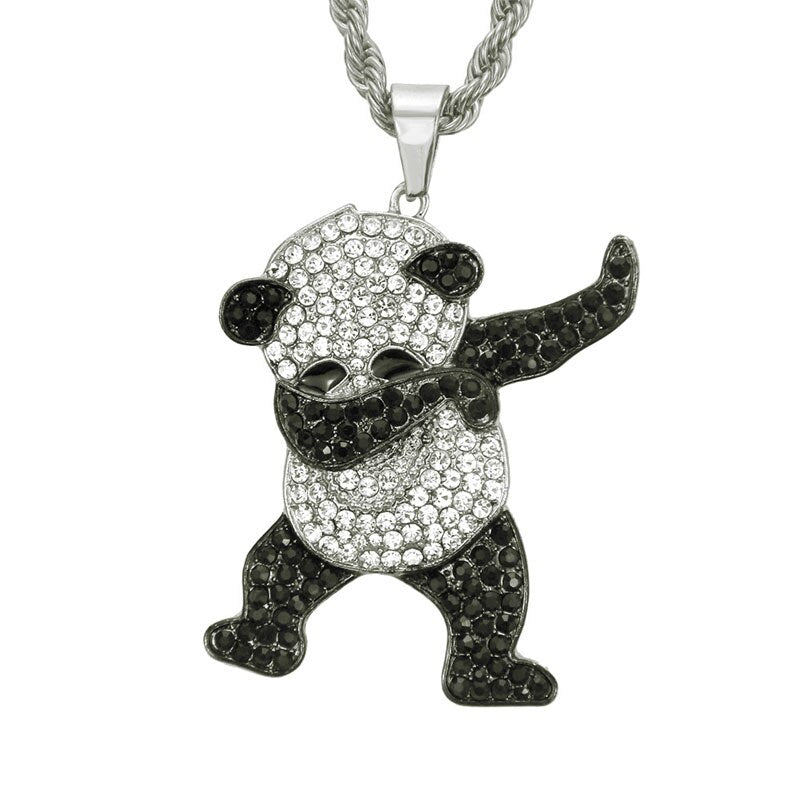 Iced Out Panda Pendant Necklace — Rhinestone Dancing Panda Unisex Street Jewelry, Gold & Silver, 30" Chain