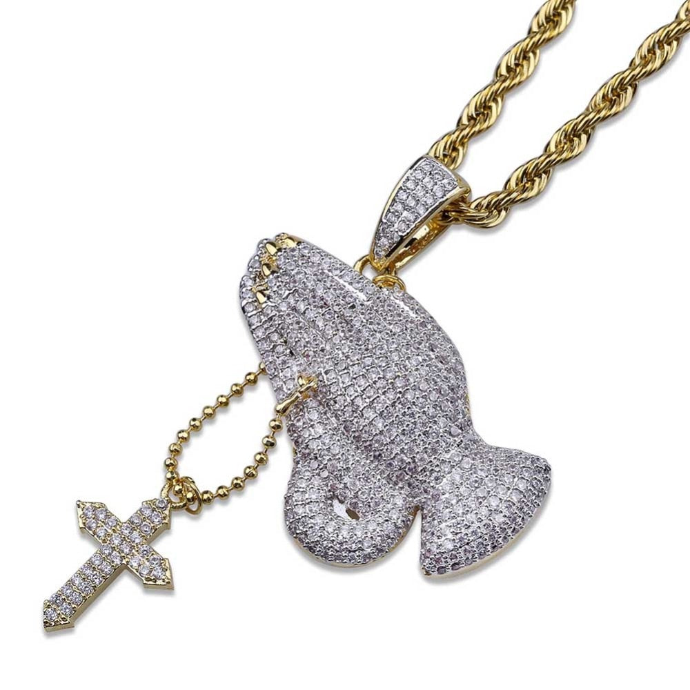 Praying Hands Cross Pendant Necklace — Iced Out CZ Hip-Hop Jewelry Gold Silver