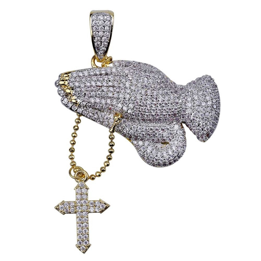 Praying Hands Cross Pendant Necklace — Iced Out CZ Hip-Hop Jewelry Gold Silver