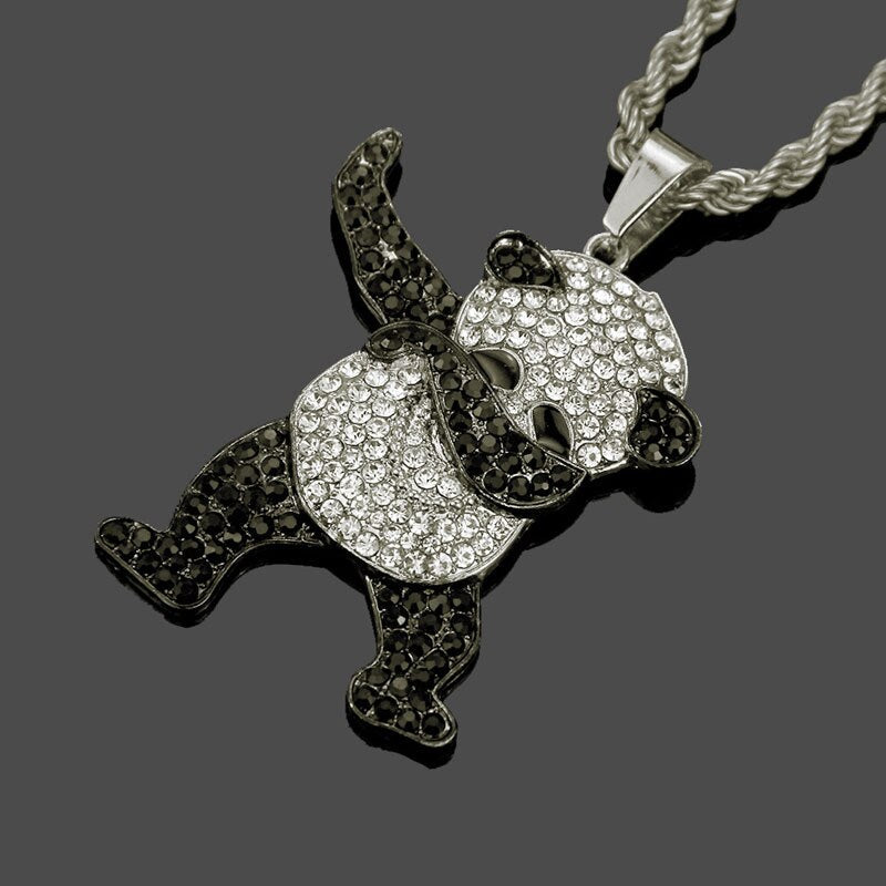 Iced Out Panda Pendant Necklace — Rhinestone Dancing Panda Unisex Street Jewelry, Gold & Silver, 30" Chain