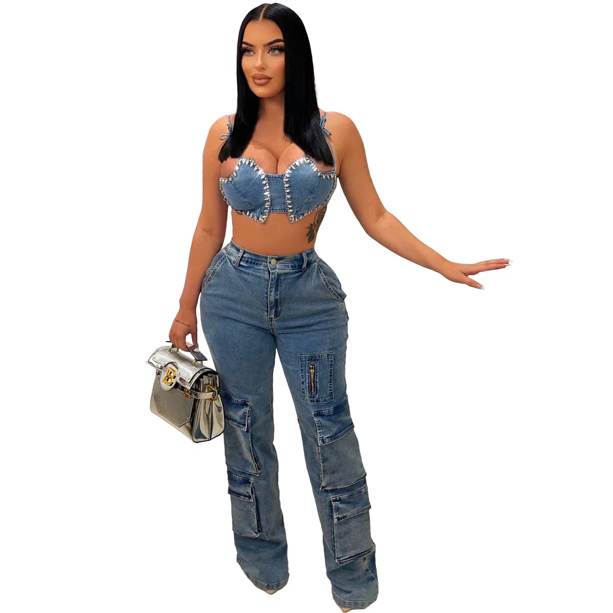 Women's Cargo Wide Leg Jeans – 6-Pocket Straight Denim Trousers S–2XL