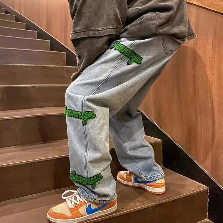 Men's Oversized Baggy Denim Jeans – Embroidered Loose Streetwear