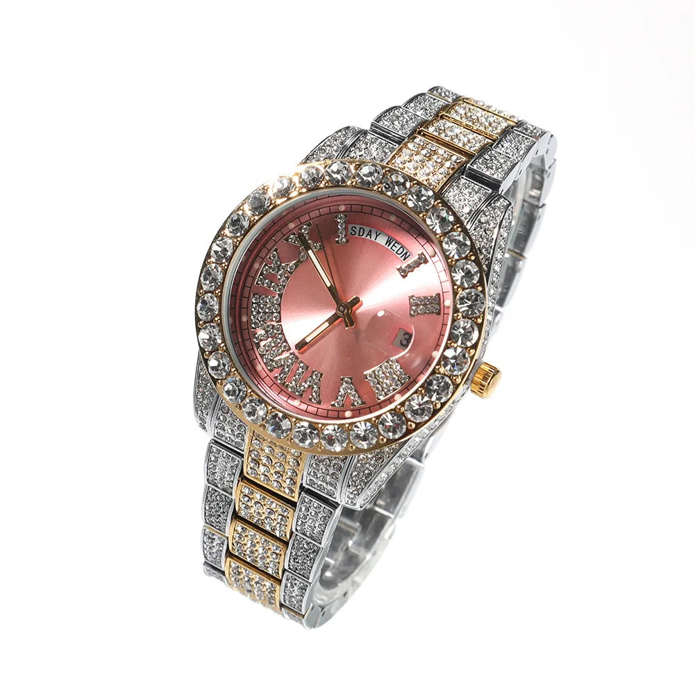 Iced Out Round Diamond Men's Watch — Waterproof Calendar Timepiece, Large Dial, 8 Colorways | Luxury Streetwear