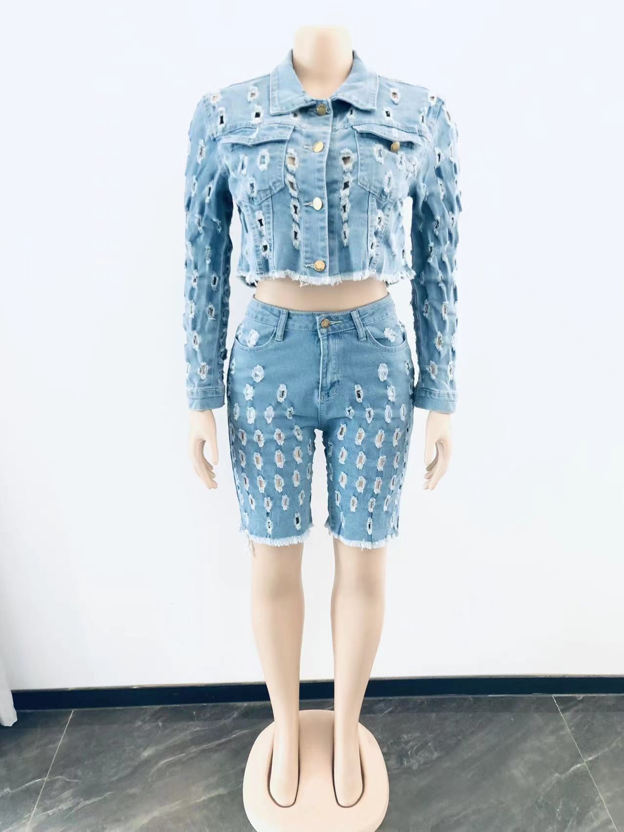 Women's Denim Two-Piece Set – Ripped Jean Jacket & Shorts Outfit