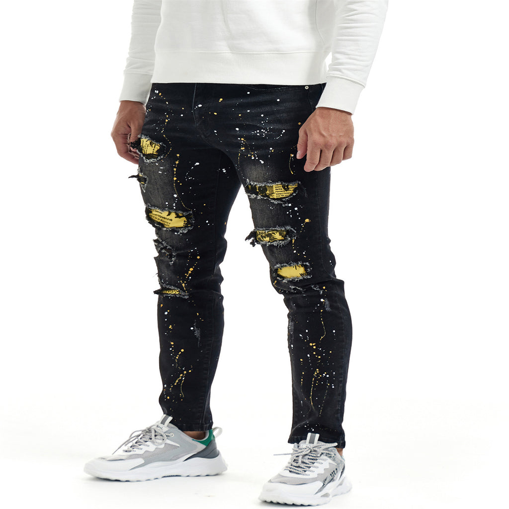2022 New Men's Slim Pants Street Style Patched Jean Loose Tape Men Denim Jeans