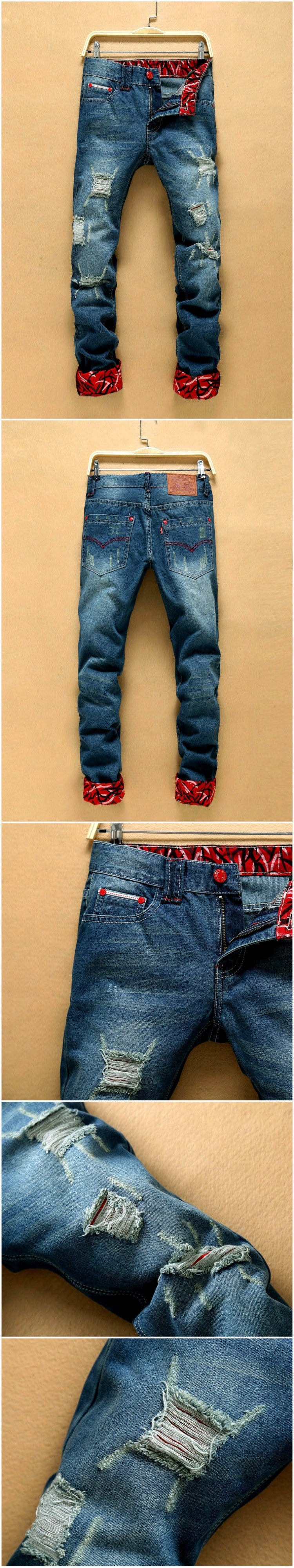 Stacked Patchwork Ripped Jeans for Men — Designer Blue Denim, Sizes 28–38 | FireDrips