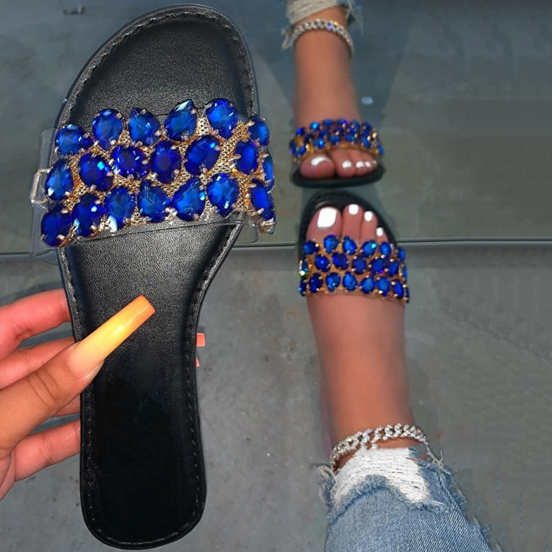 Diamond Strap Flat Slide Sandals – Beach Rhinestone Slides