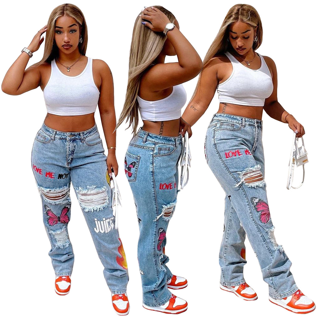 Ripped Street Denim Jeans – Women's Destroyed Streetwear Pants