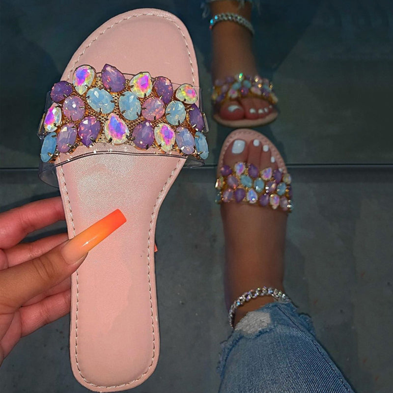 Diamond Strap Flat Slide Sandals – Beach Rhinestone Slides