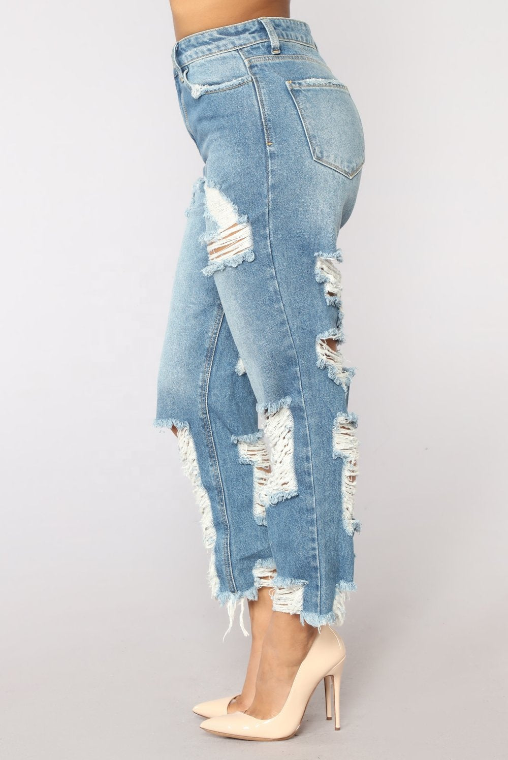 Women's Wide Leg Ripped Jeans – Drawstring Destroyed Casual Denim