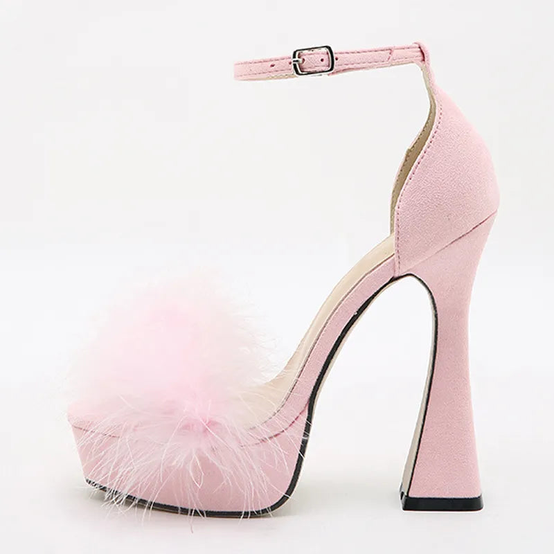 Feather Platform High Heel Sandals – Peep Toe Buckle Strap Wedding Shoes