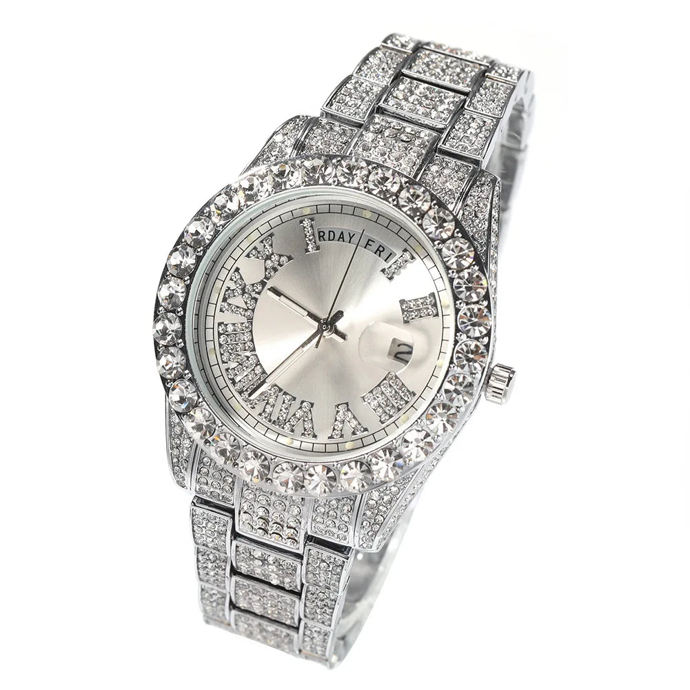 Iced Out Round Diamond Men's Watch — Waterproof Calendar Timepiece, Large Dial, 8 Colorways | Luxury Streetwear