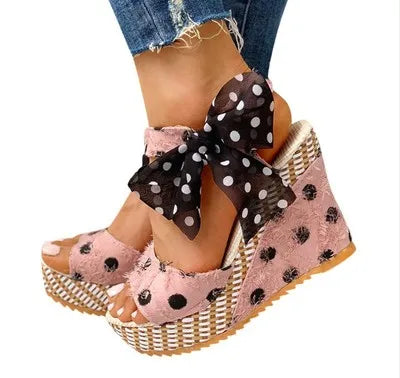 Bowknot Platform Wedge Sandals – Ankle Strap Open Toe Casual Heels