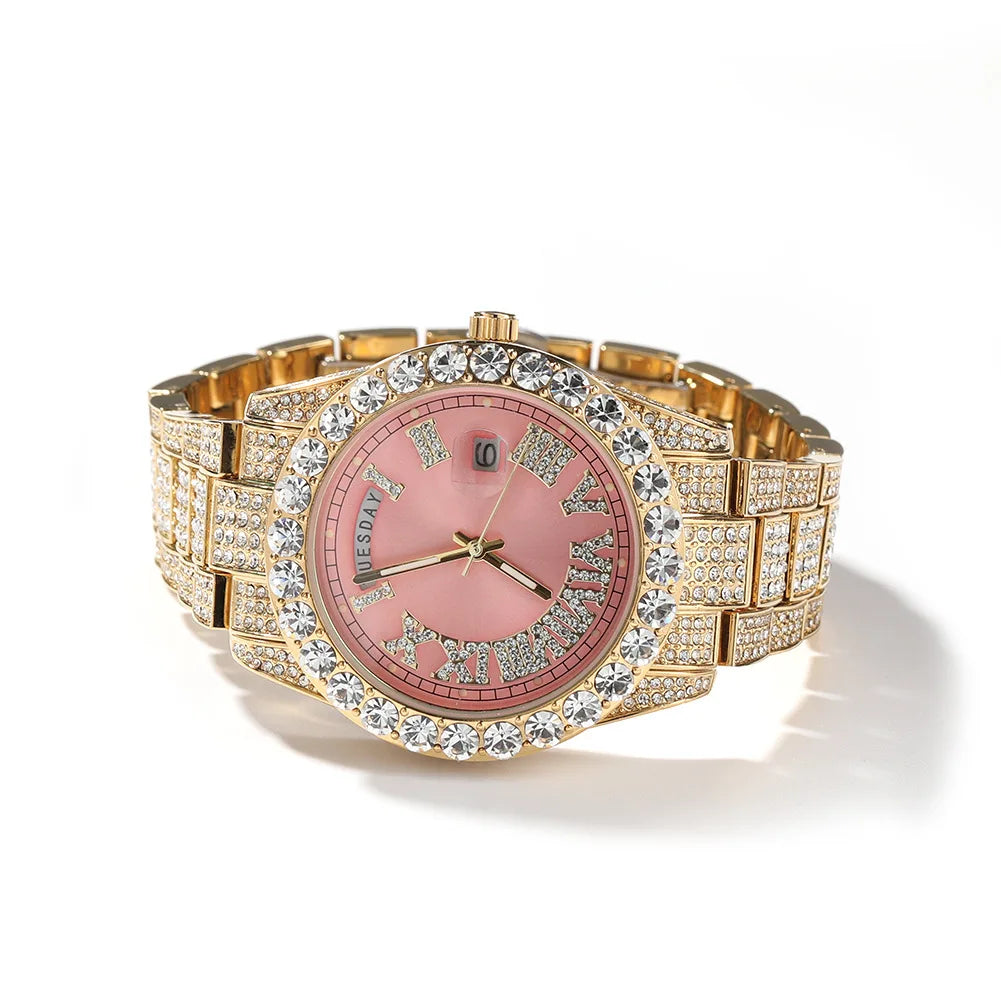Iced Out Round Diamond Men's Watch — Waterproof Calendar Timepiece, Large Dial, 8 Colorways | Luxury Streetwear
