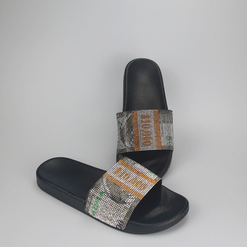 Diamond Strap Flat Slide Sandals – Beach Rhinestone Slides