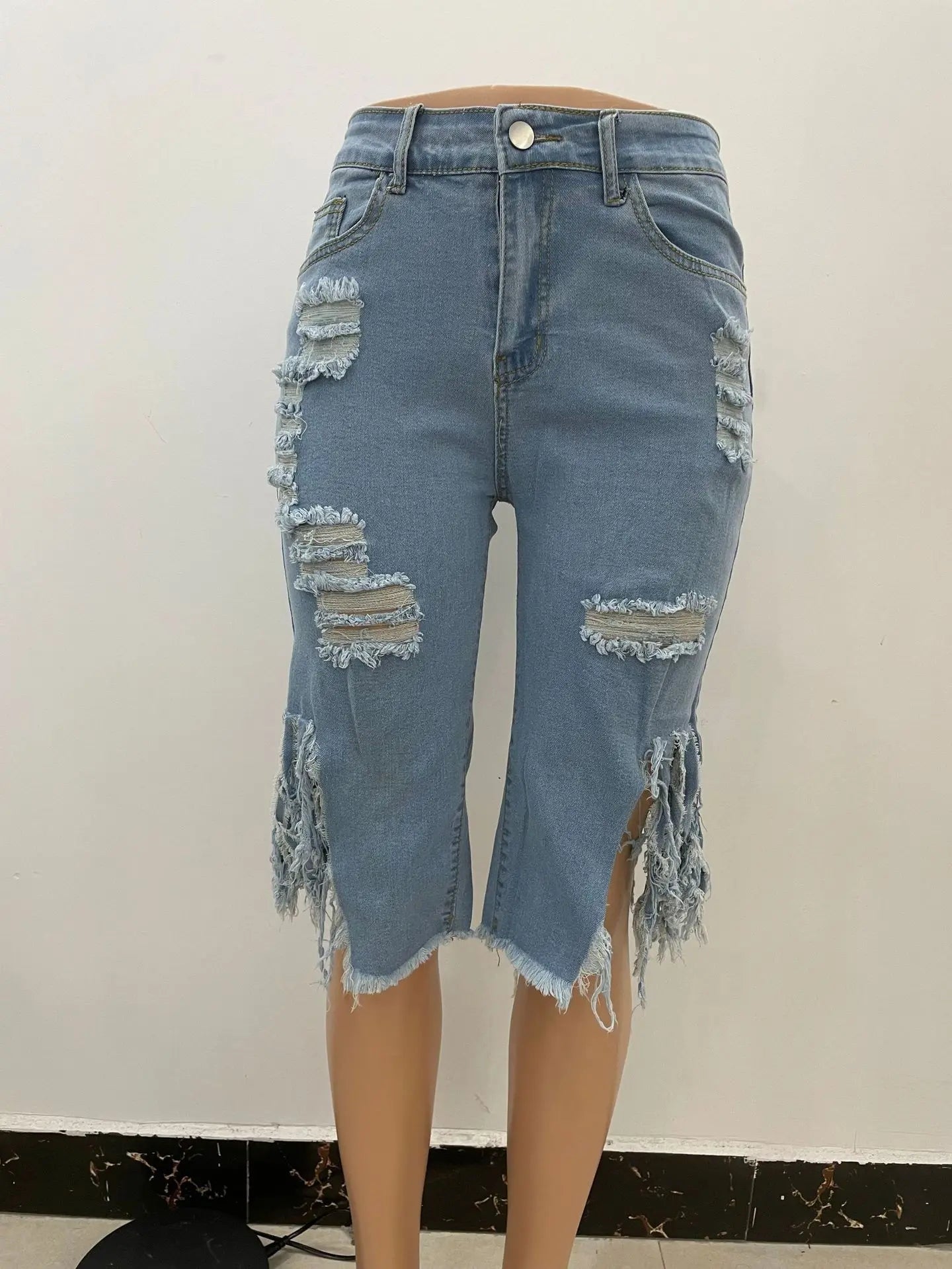 Hollow Out Skinny High Waist Ripped Short Jeans for Women — Distressed Plus Size Denim | FireDrips