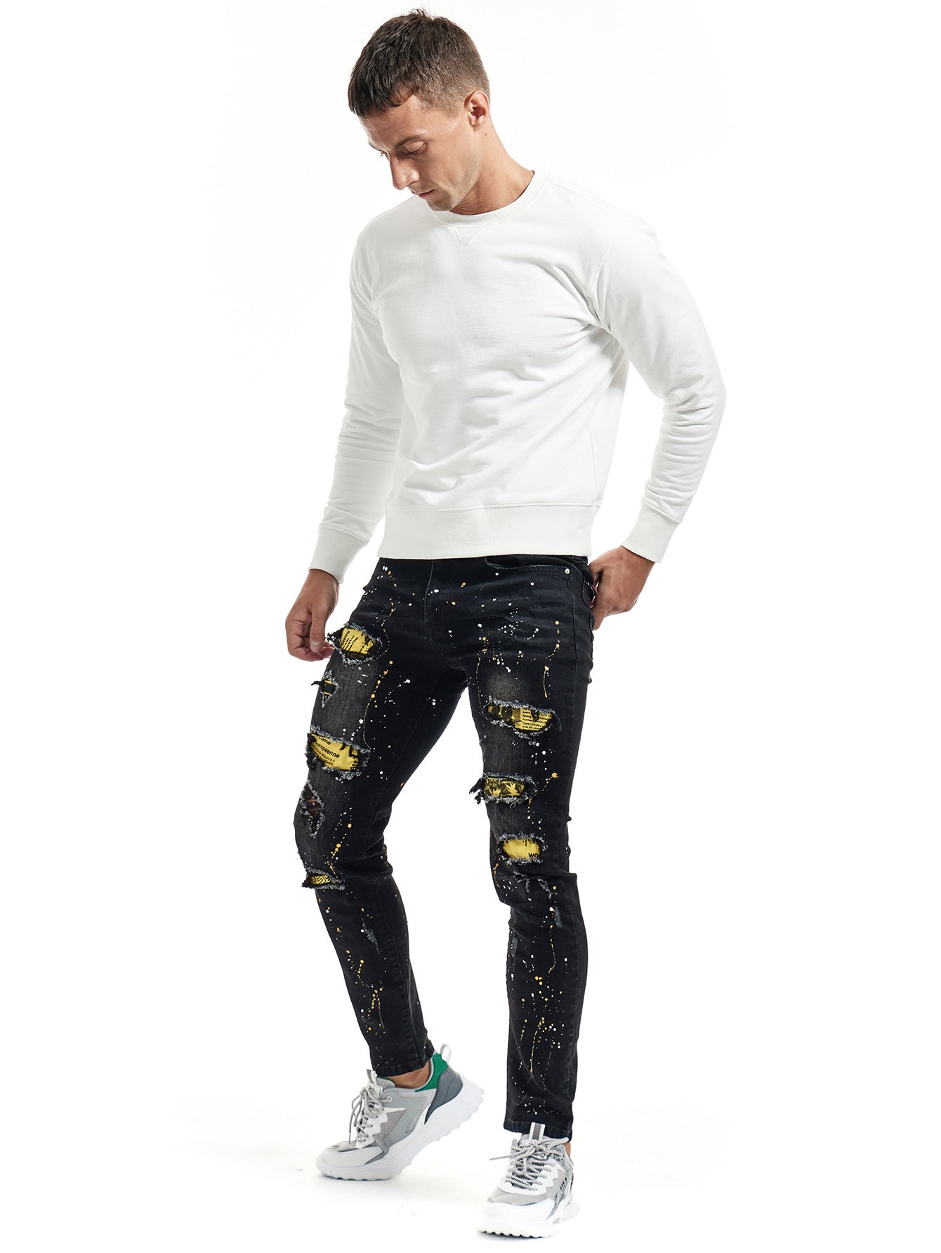 2022 New Men's Slim Pants Street Style Patched Jean Loose Tape Men Denim Jeans