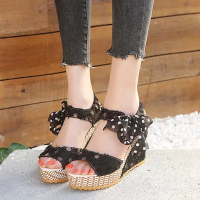 Bowknot Platform Wedge Sandals – Ankle Strap Open Toe Casual Heels