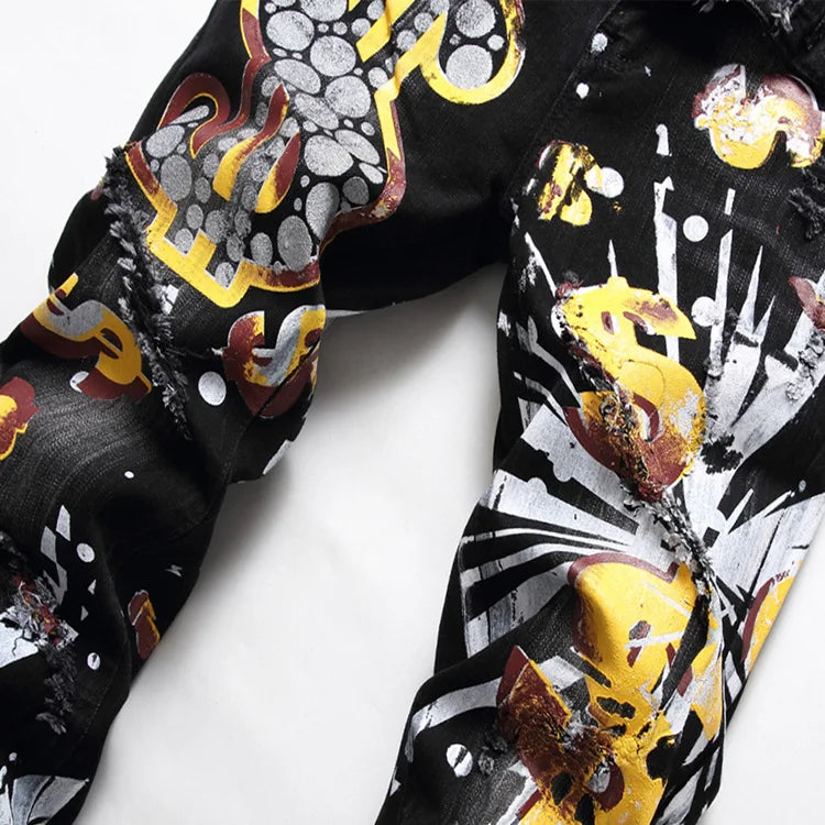 Dollar Sign Skinny Jeans – Men's Graphic Streetwear Denim