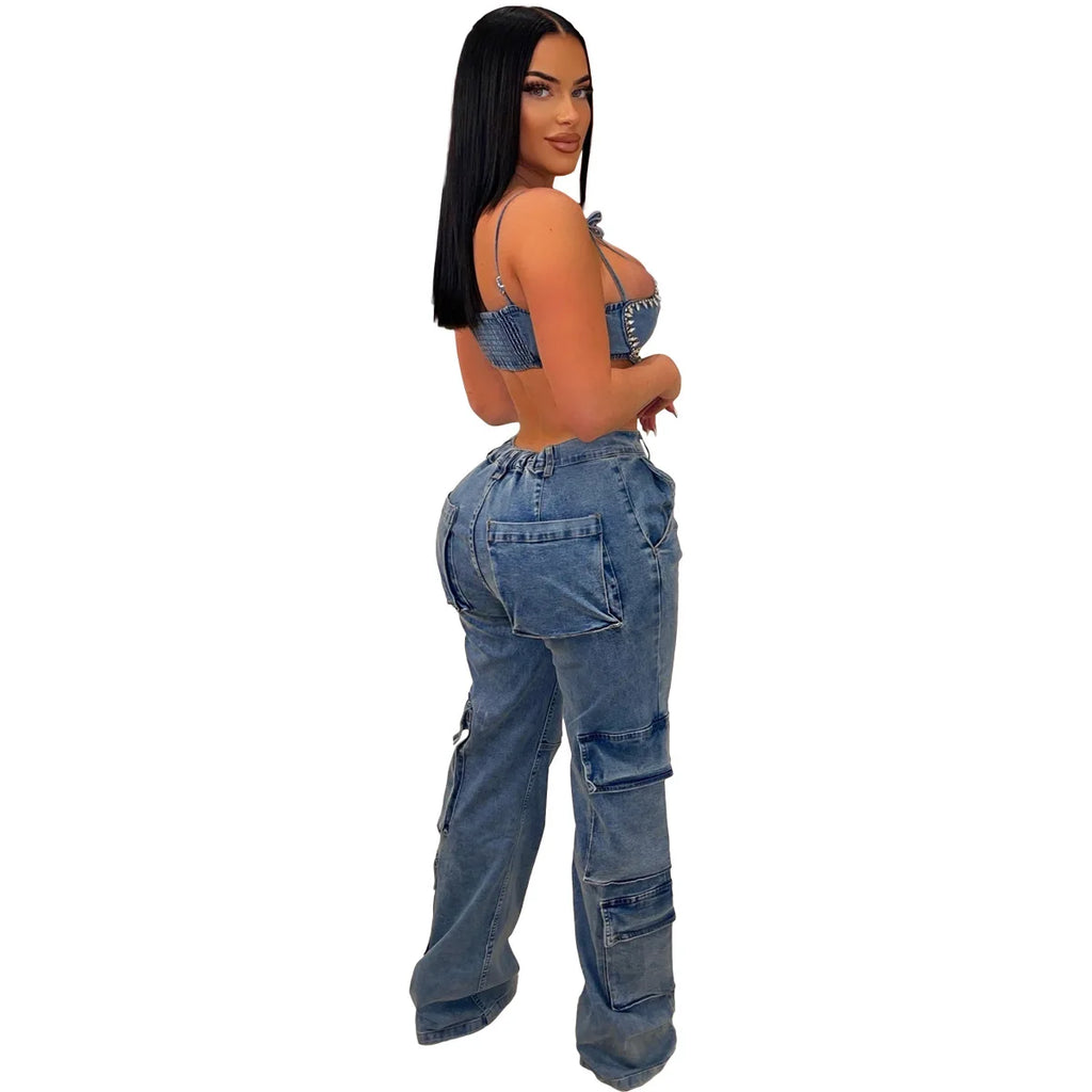 Women's Cargo Wide Leg Jeans – 6-Pocket Straight Denim Trousers S–2XL