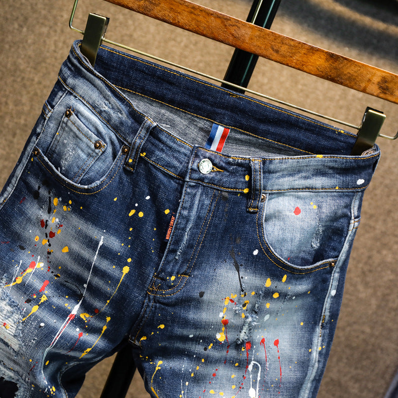 Graffiti Patch Slim Stretch Jeans for Men — High Street Painting Denim, Sizes 28–36 | FireDrips