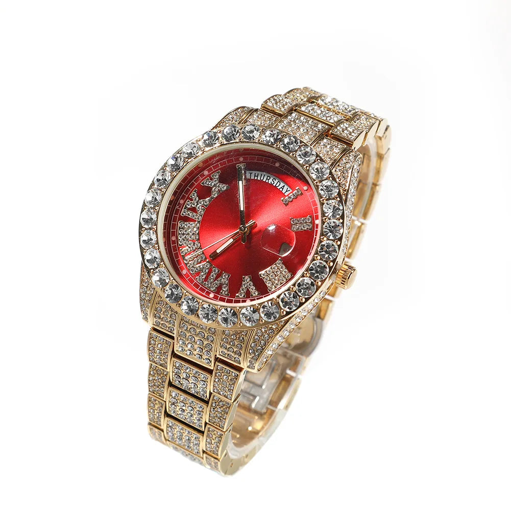 Iced Out Round Diamond Men's Watch — Waterproof Calendar Timepiece, Large Dial, 8 Colorways | Luxury Streetwear