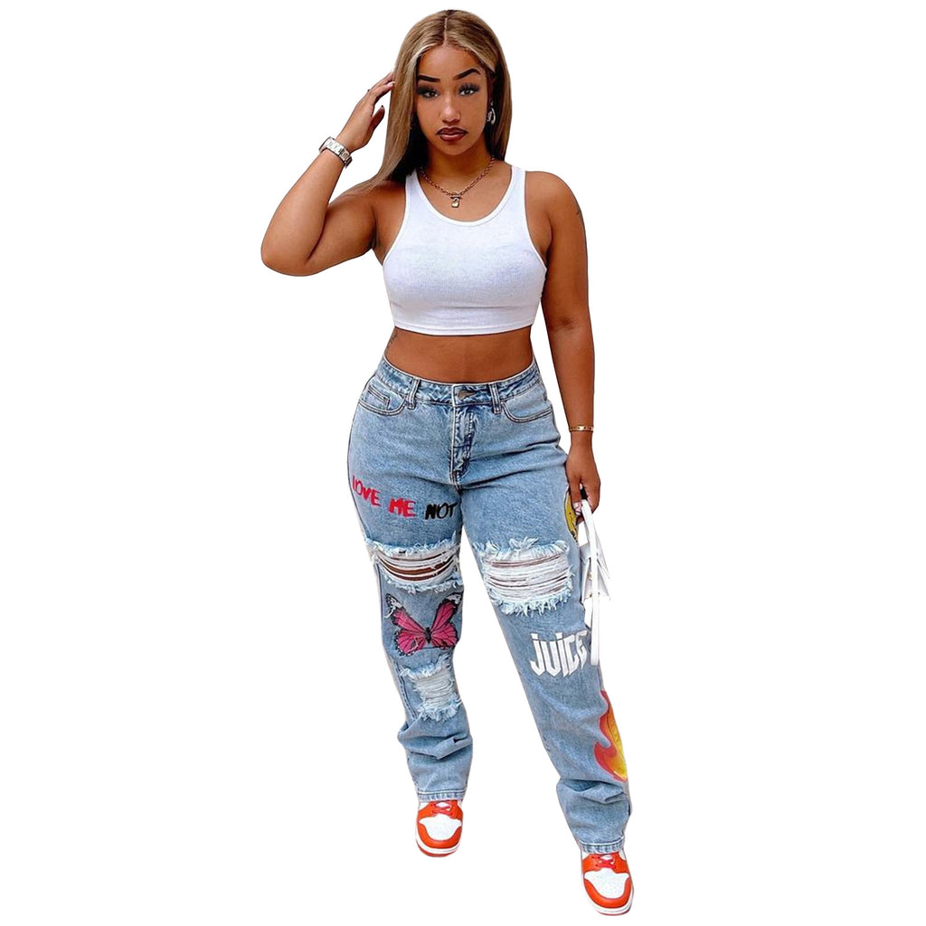 Ripped Street Denim Jeans – Women's Destroyed Streetwear Pants