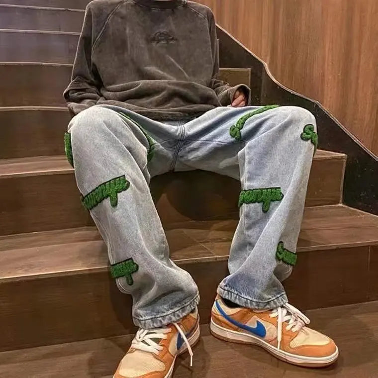 Men's Oversized Baggy Denim Jeans – Embroidered Loose Streetwear