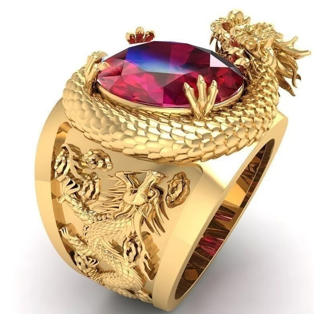 Men's Gold Dragon Ring – Oval Red Stone Statement Ring